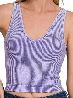Washed Ribbed Seamless Bra Padded V-Neck Tank Top in Blueberry